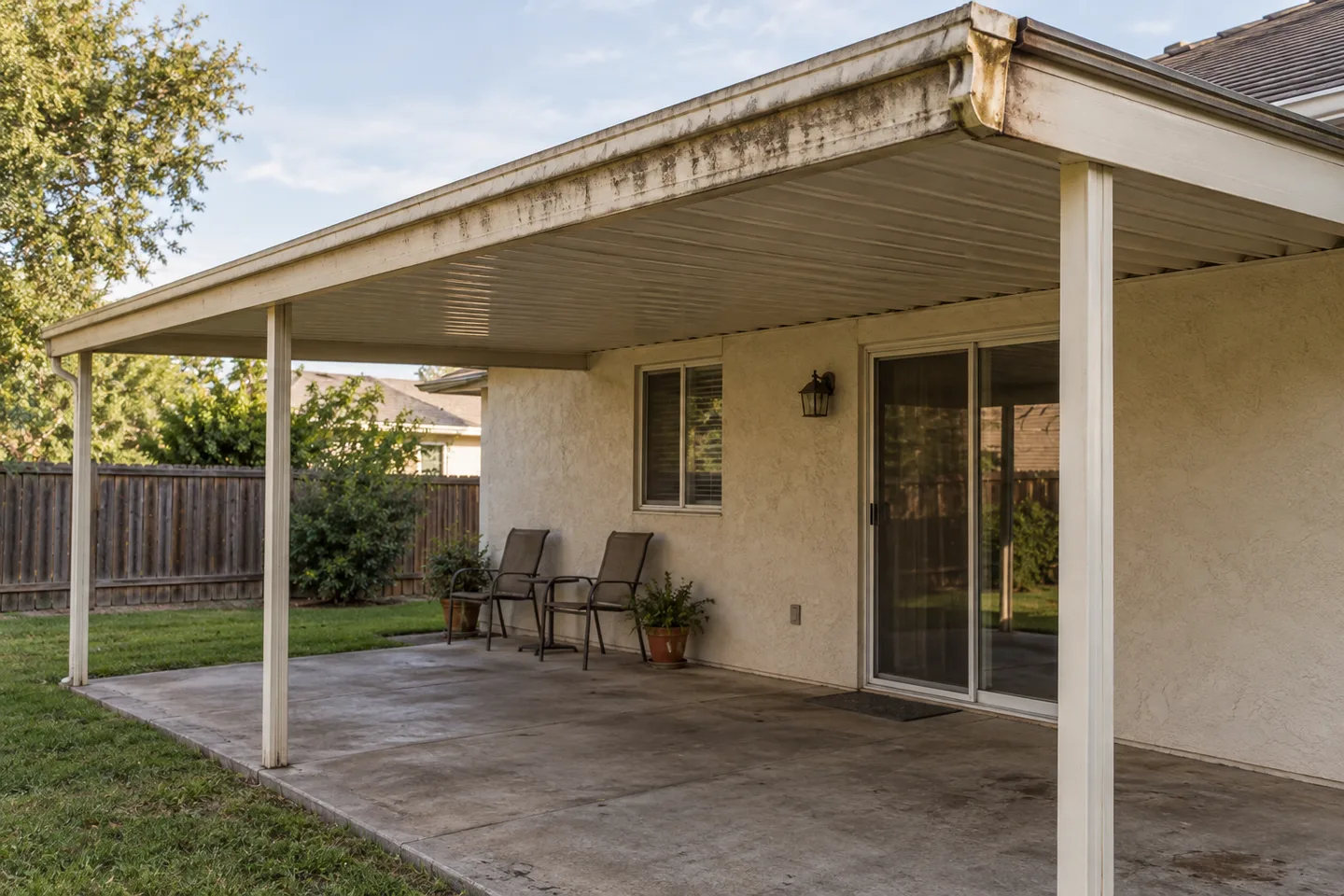 Illustrative existing patio cover with weathered panels and a stained gutter corner needing assessment