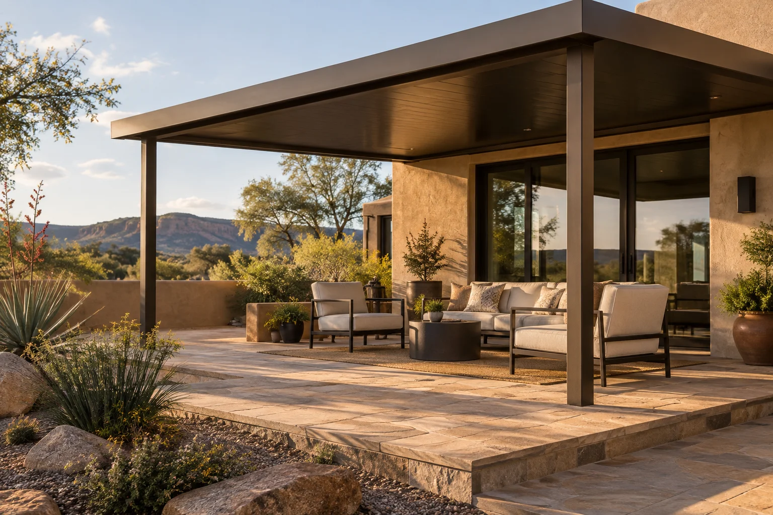 Illustrative solid patio roof shading an outdoor seating area