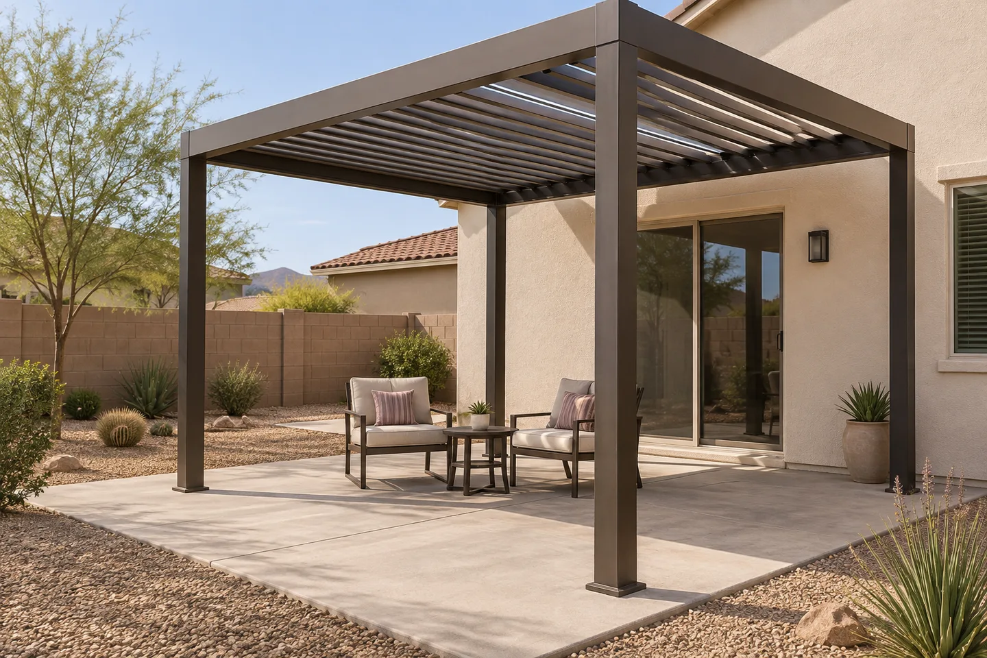 Illustrative bronze pergola with adjustable overhead louvers above a modest backyard patio