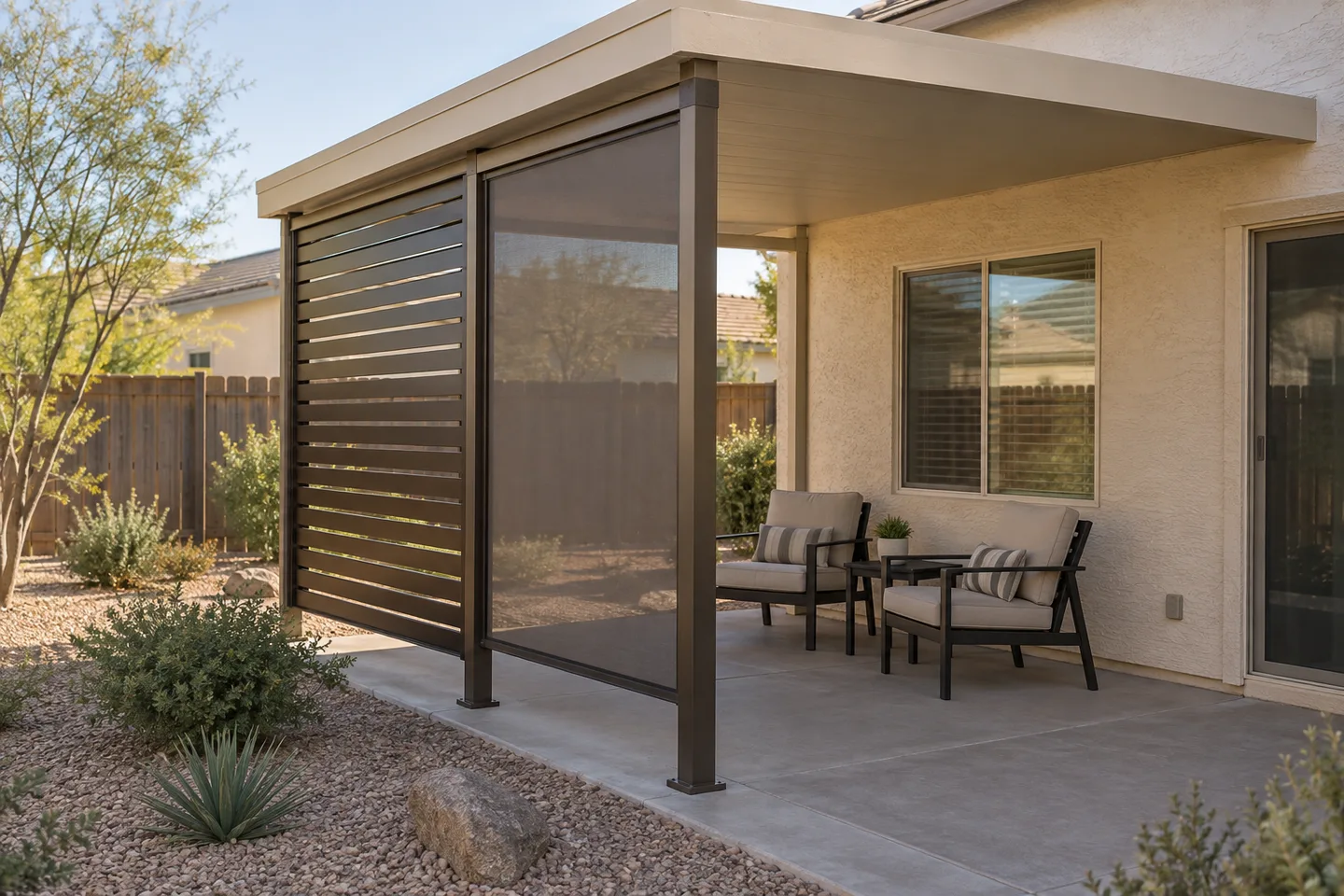 Illustrative slatted privacy panel and mesh side screen beside a covered patio