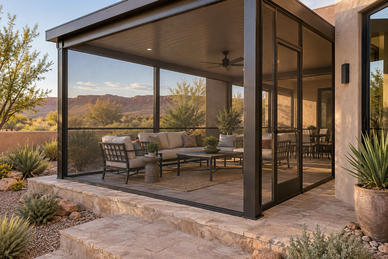 Illustrative covered outdoor seating area enclosed with framed mesh screens